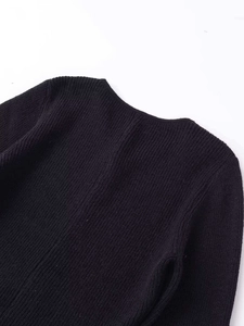 Detail of black ribbed knit cardigan showing the round neck and vertical texture