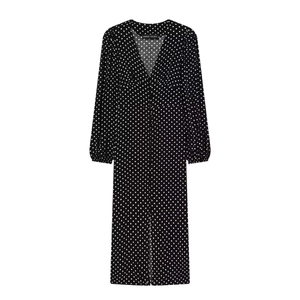 Women's V-Neck Polka Dot Long Sleeve Maxi Dress High Waist Elegant Slit Hem Polyester Casual Fashion Dress