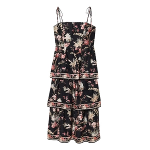 Women's Vintage Floral Print Tiered Cami Dress Elegant Adjustable Tie Shoulder Straps Black Summer Maxi Party Dress