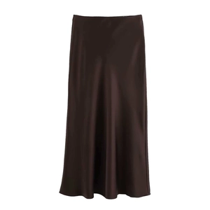 Detailed view of dark coffee satin midi skirt with elegant silk-like glossy finish