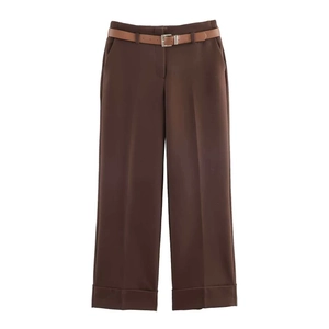 Pantaloni a gamba larga minimalisti marrone scuro a vita alta con cintura sottile