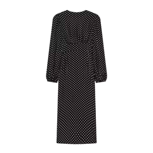 Elegant black polka dot long sleeve midi dress with slimming waist pleats design