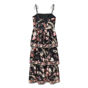 Chic black tiered floral sundress with delicate spaghetti straps and ruffled details