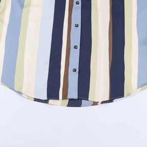 Detail of multi-color vertical striped shirt with dark buttons and curved hemline