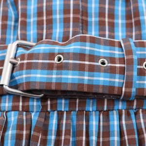 Blue and brown plaid layered dress with matching belted waist and metal buckle
