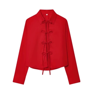 Women's minimalist red long sleeve blouse with elegant front bow tie closures