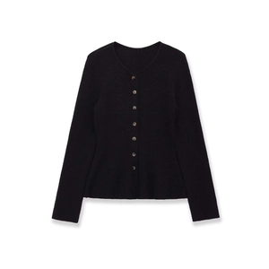 Women's Round Neck Long Sleeve Knit Cardigan Peplum Hem Button Down Black Sweater Top Solid Color Casual Knitwear