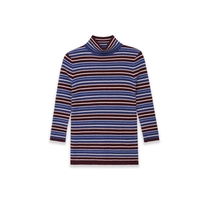 Women Casual Multi-color Striped Turtleneck Knit Sweater Slim Fit Long Sleeve Pullover Soft Polyester Autumn Winter Top