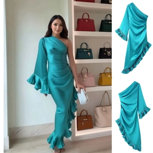 Elegant Teal Satin One Shoulder Maxi Dress Asymmetric Long Sleeve Ruffle Trim Slim Fit Party Evening Bodycon Dress Women