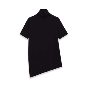 Women's vintage knit high-neck short-sleeve top in black with asymmetric hem design