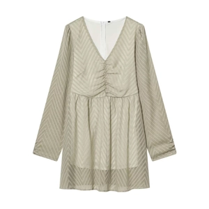 Women Sexy V-Neck Ruched Long Sleeve Mini Dress Elegant Textured Solid Color Bodycon Party Dress