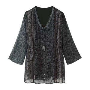Robe Mini Femme Vintage Imprimé Cachemire Col V Manches Longues Coupe Ample Décontractée À Liens Pompons Lurex Métallique