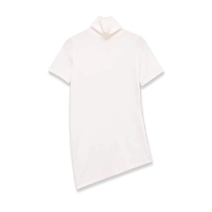 White high-neck short sleeve knit top with minimalist asymmetric hem design
