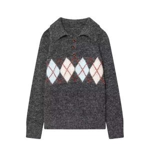 Classic grey argyle knit polo sweater with fuzzy wool texture and three-button collar