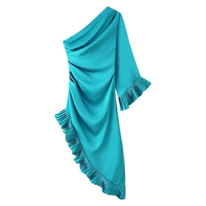Elegant teal one-shoulder satin dress with asymmetrical ruffled hem and long sleeve