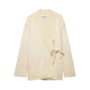 Women Casual Knit Cardigan Wrap V Neck Tie Waist Long Sleeve Apricot Hollow Out Detail Soft Solid Color Sweater Top
