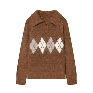 Classic argyle polo sweater in brown with knit texture and buttoned turn-down collar