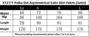 Size chart for asymmetrical satin polka dot skirt with waist and hip measurements