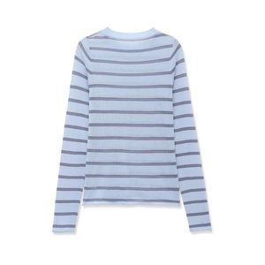 Detail of the light blue striped knit sweater featuring a soft round neck and fine texture