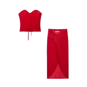 Damen Roter Samt Korsett Top Und Geschlitzter Maxirock Set Sexy Ärmellos Herz-Ausschnitt Figurbetont Zweiteiler Bankett Party Outfit