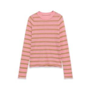 Slim fit pink and yellow striped long sleeve knit top with a classic crew neck