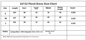 Size chart table for summer V-neck pleated floral dress showing S M L dimensions in cm