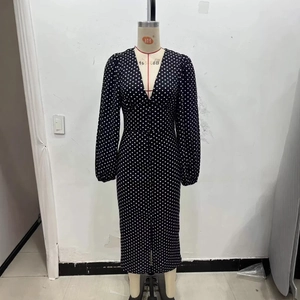 Elegant black long sleeve polka dot dress with deep V-neck and front buttons for women