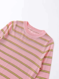 Close-up of the ribbed crew neck and pink and yellow striped knit texture of the sweater