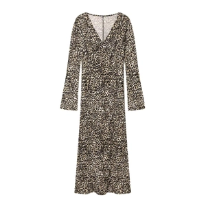 Minimalist V-neck long sleeve dress with a stylish leopard print pattern on a white background