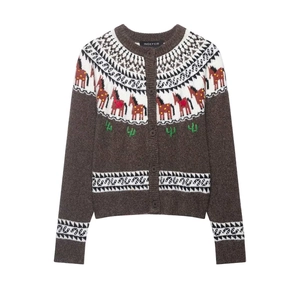 Gilet en Maille Jacquard de Cheval Vintage Fair Isle Femmes Col Rond Manches Longues Bouton Pull Marron Décontracté