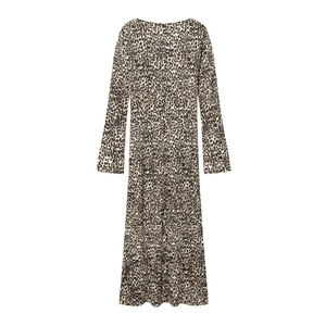 Women's summer V-neck pleated dress with trendy leopard print and long sleeves
