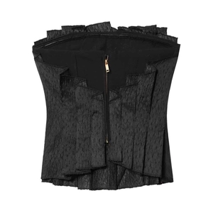 Women's charcoal black pleated tube top with structured waist and gold back zipper