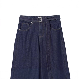 High waist dark blue wide leg jeans with matching denim belt and silver metal buckle