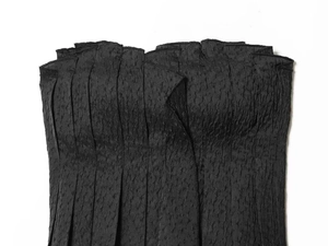 Close-up detail of charcoal black tube top featuring a pleated texture fabric and elastic edge