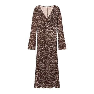 Women's pleated V-neck floral dress in dark brown with long sleeves and elegant print