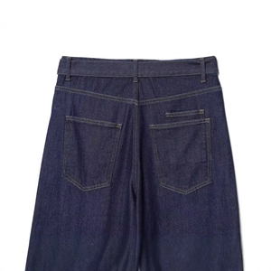 Classic dark blue wide leg jeans with yellow contrast stitching and back pockets