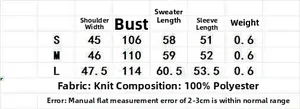 Guide des tailles pour pull en maille avec mesures de poitrine, longueur et manches