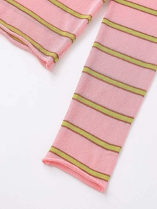 Detail of pink and yellow-green striped thin knit fabric with fine vertical texture