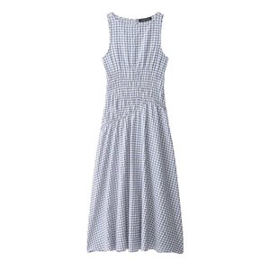 Damen Sommer Ärmellos Gingham Maxi Kleid Smok-Effekt Taille Blau Weiß Kariert Rundhals Baumwollmischung Slim Fit Kleid