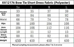 Detailed size guide table for the bow-decorated short dress in sizes XS to L