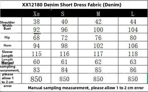 Size guide table for retro denim mini dress showing bust, waist, and length measurements