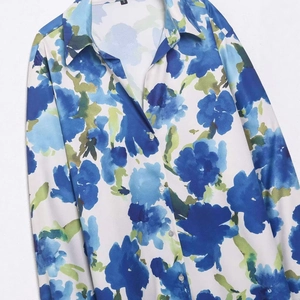 Women's elegant satin texture long sleeve button-up shirt with green floral prints