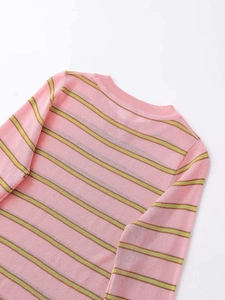 Detail of a crew neck rib and knit texture on a pink and green striped knitted top