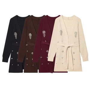 Women Elegant Rhinestone Knit Cardigan With Belt Long Sleeve V Neck Beaded Sweater Top Casual Autumn Winter Outerwear