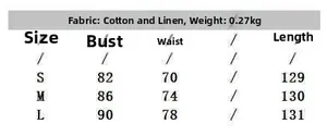 Size chart for summer linen blend printed maxi dress detailing chest and waist measurements
