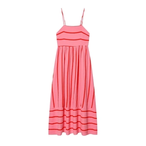 Abito Maxi da Donna per le Vacanze Estive a Righe con Spalline Sottili Misto Poliestere Texture Crinkle Rosa Rosso Abito Lungo