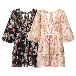 Women French Floral V Neck Puff Sleeve Midi Dress Elegant Waist Cinching Tiered Ruffle Cake Dress Back Tie Vacation Style