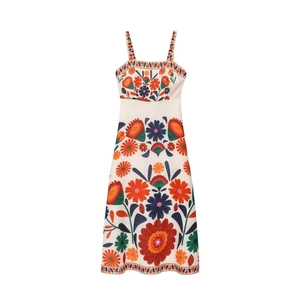 Women's Bohemian Floral Print Sling Maxi Dress Summer Casual Sleeveless Square Neck Cotton Linen Blend A-Line Vacation Dress
