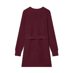 Detailed back view of a burgundy ribbed knit cardigan featuring a matching waist tie belt