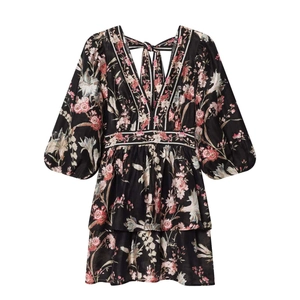 Floral V-neck mini dress with striped trim and puff sleeves in black and pink
